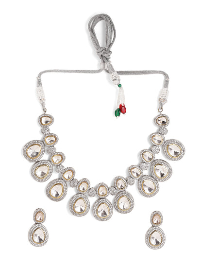 Silver Plated Polki Drop Elegance White Stones Necklace with Drop Earrings Jewellery Set