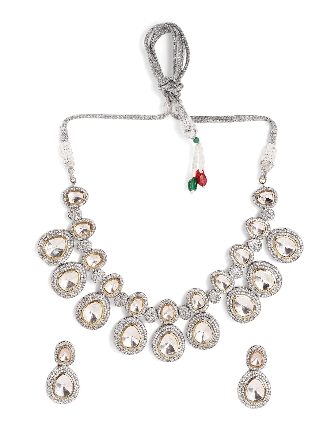 Silver Plated Polki Drop Elegance White Stones Necklace with Drop Earrings Jewellery Set