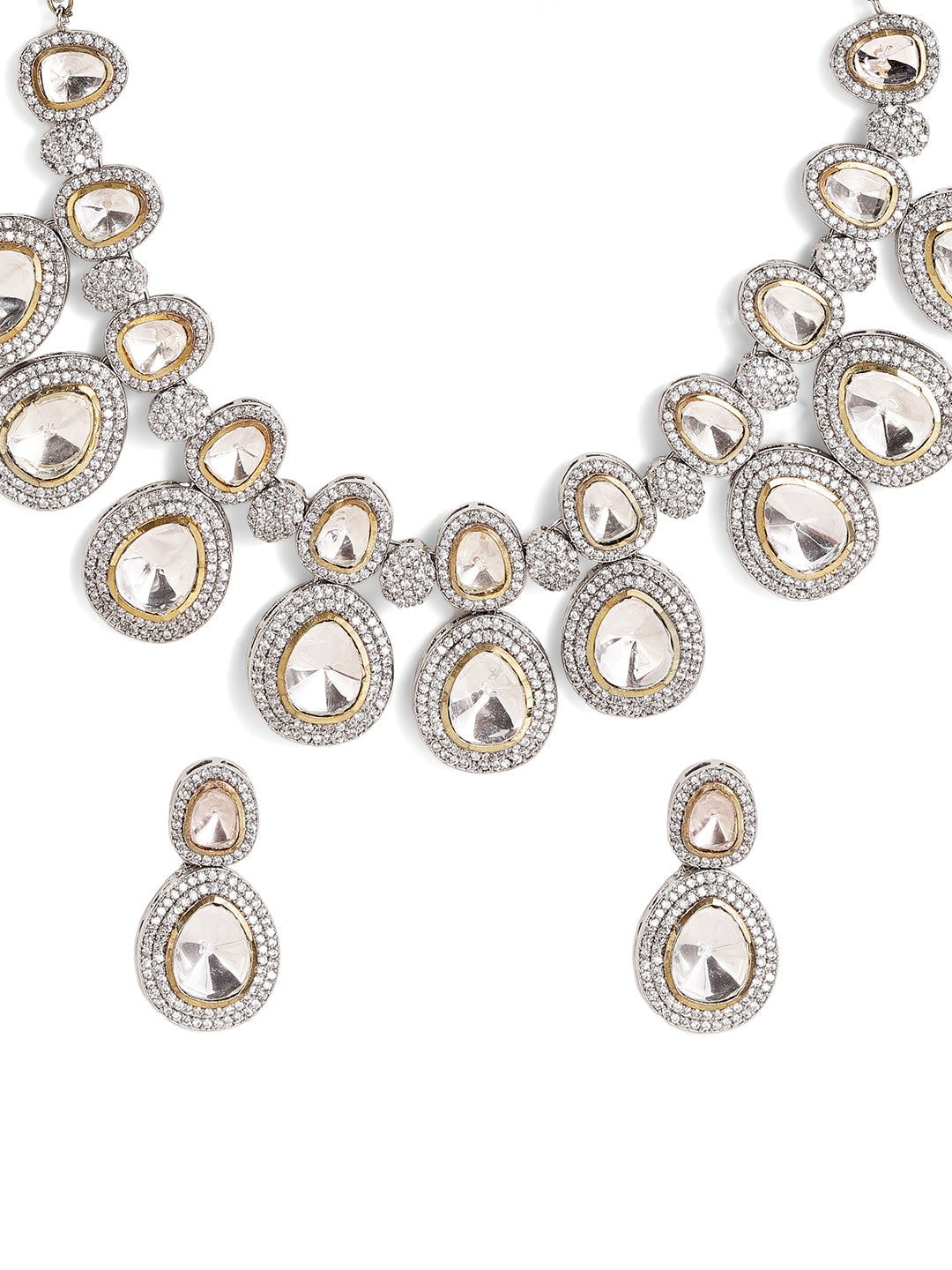 Silver Plated Polki Drop Elegance White Stones Necklace with Drop Earrings Jewellery Set