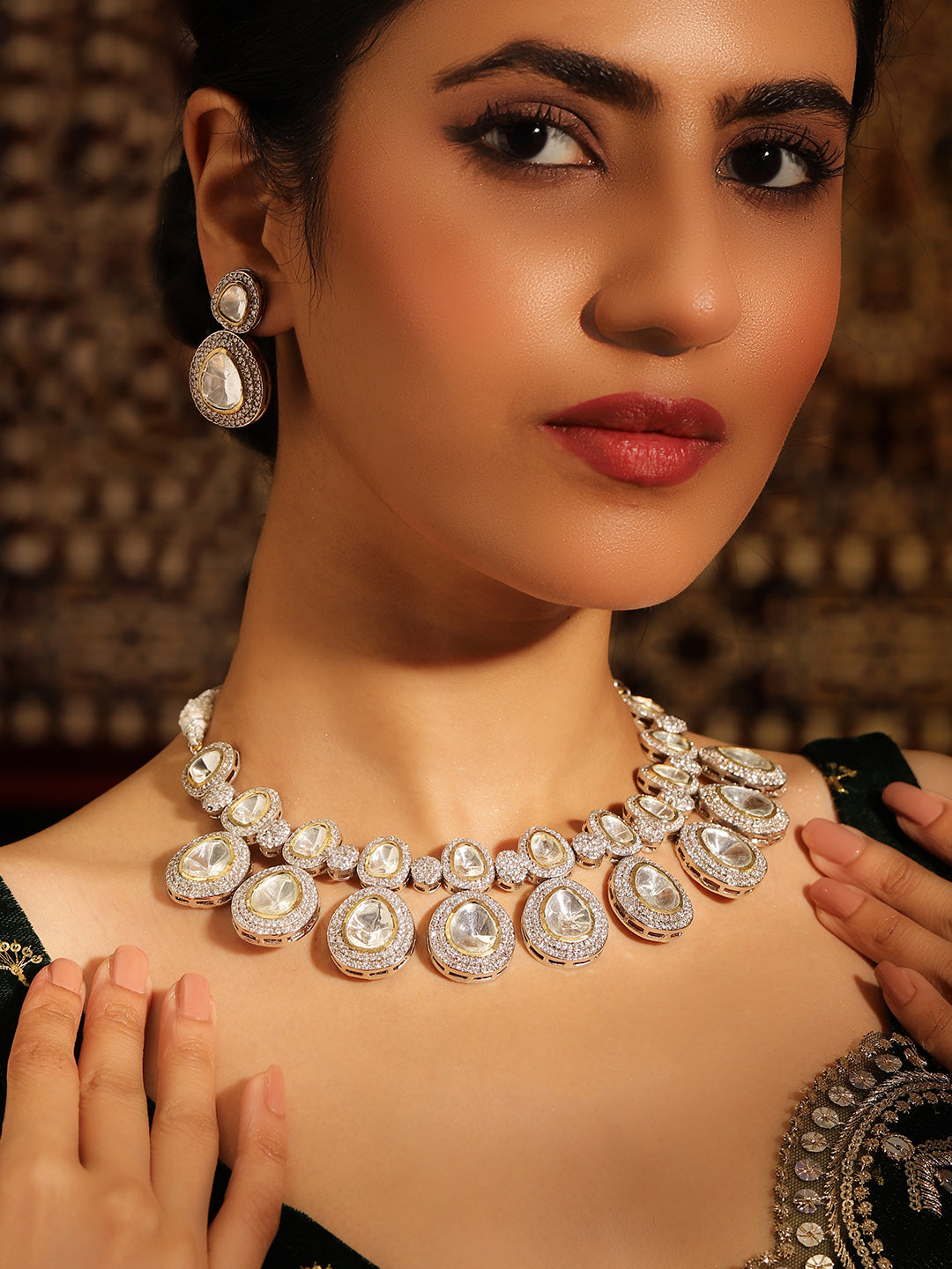 Silver Plated Polki Drop Elegance White Stones Necklace with Drop Earrings Jewellery Set