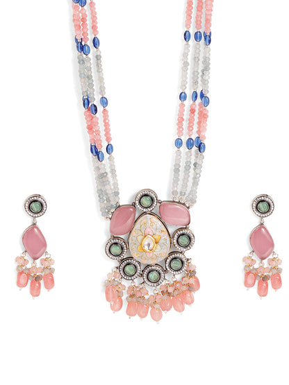 Peach Ash Elegance Meenakari Design American Diamond Necklace with Drop Style Earrings Jewellery Set