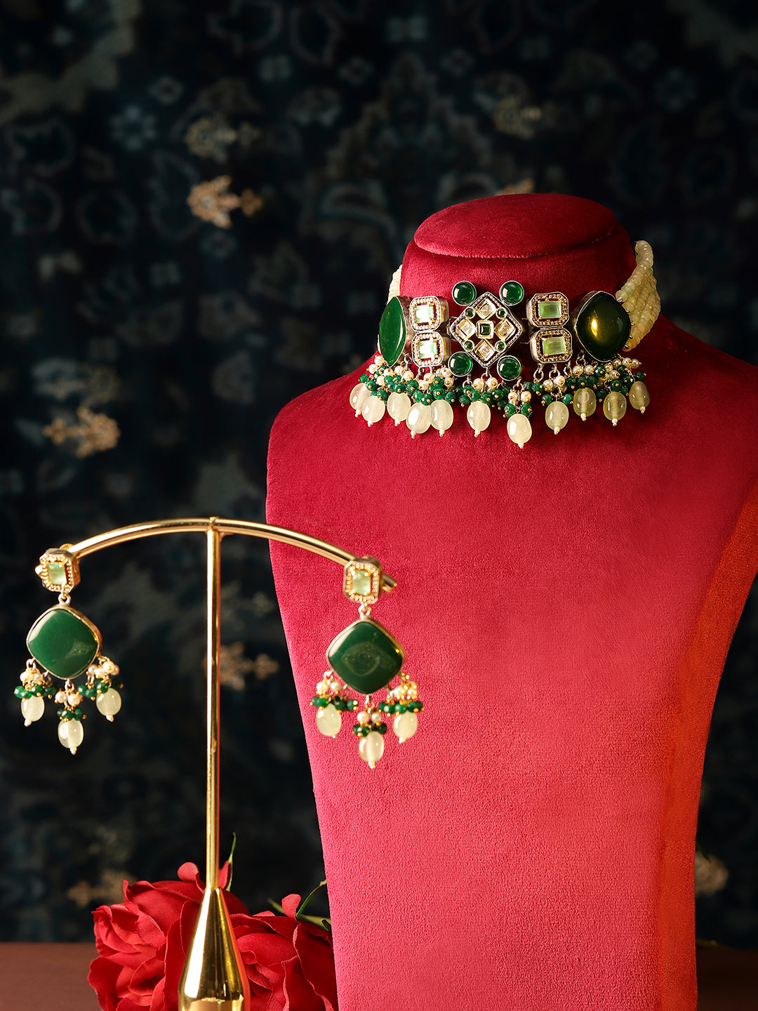 Emerald Mint Geometric Pattern with Kundan Style Gold Plated Chocker Necklace with Drop Earrings Jewellery Set