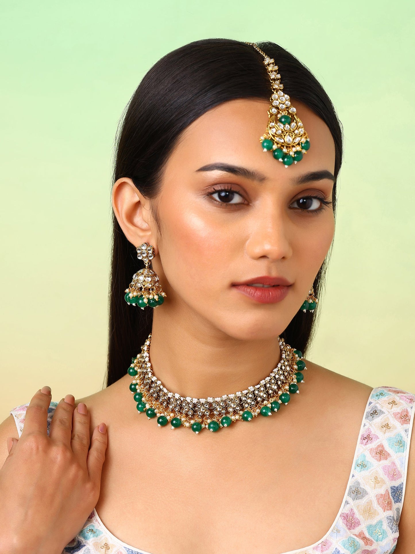 Green Floral Beads Kundan Gold Plated Necklace Drop Earrings with Maangtika Jewellery Set