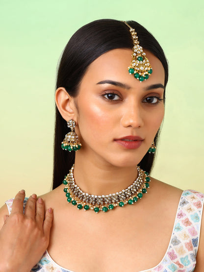 Green Floral Beads Kundan Gold Plated Necklace Drop Earrings with Maangtika Jewellery Set