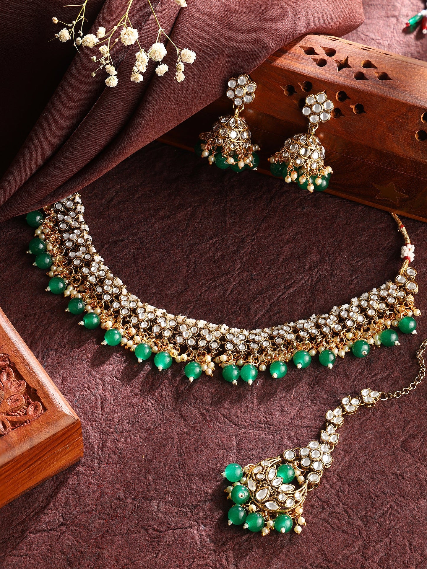 Green Floral Beads Kundan Gold Plated Necklace Drop Earrings with Maangtika Jewellery Set