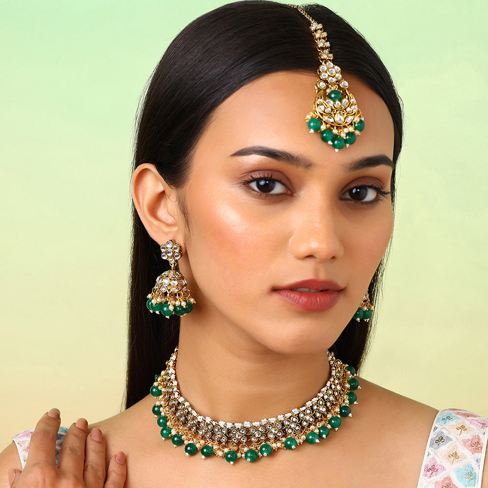 Green Floral Beads Kundan Gold Plated Necklace Drop Earrings with Maangtika Jewellery Set