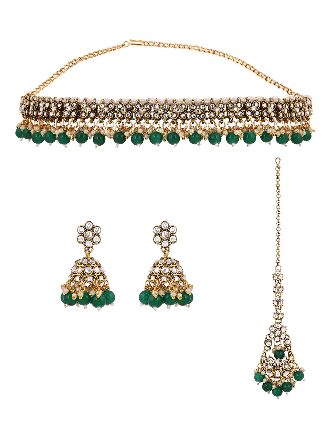 Green Floral Beads Kundan Gold Plated Necklace Drop Earrings with Maangtika Jewellery Set