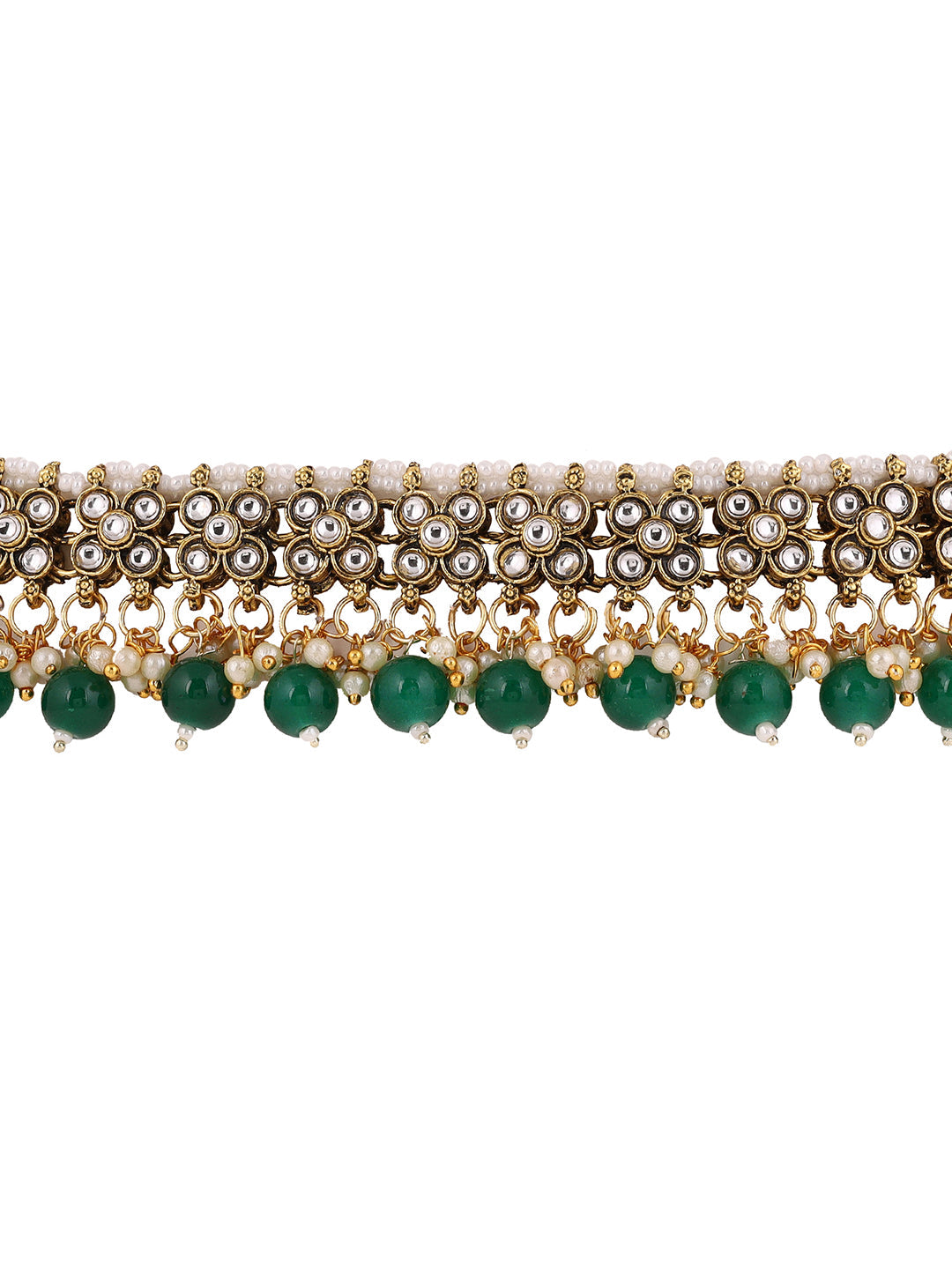 Green Floral Beads Kundan Gold Plated Necklace Drop Earrings with Maangtika Jewellery Set