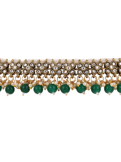 Green Floral Beads Kundan Gold Plated Necklace Drop Earrings with Maangtika Jewellery Set