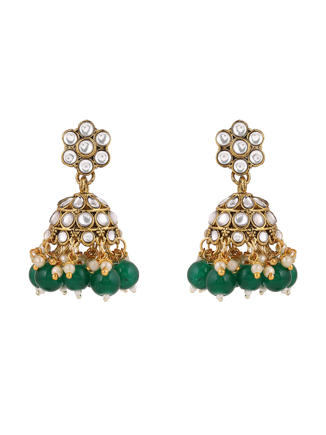 Green Floral Beads Kundan Gold Plated Necklace Drop Earrings with Maangtika Jewellery Set