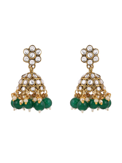 Green Floral Beads Kundan Gold Plated Necklace Drop Earrings with Maangtika Jewellery Set