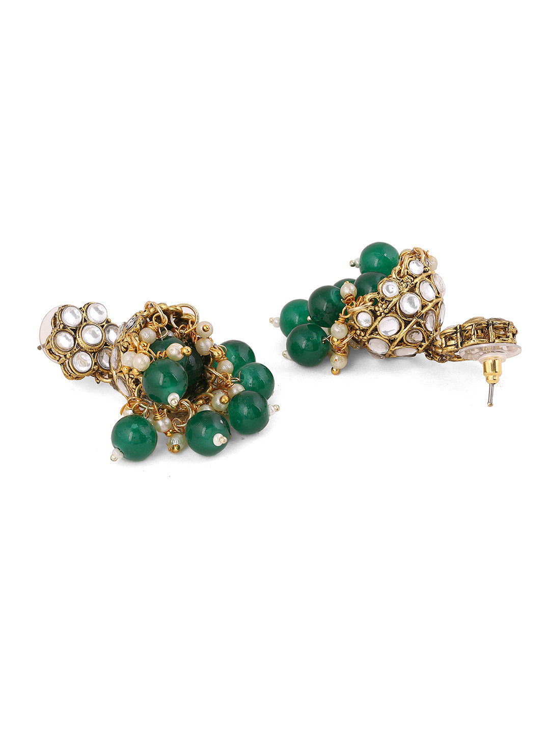 Green Floral Beads Kundan Gold Plated Necklace Drop Earrings with Maangtika Jewellery Set