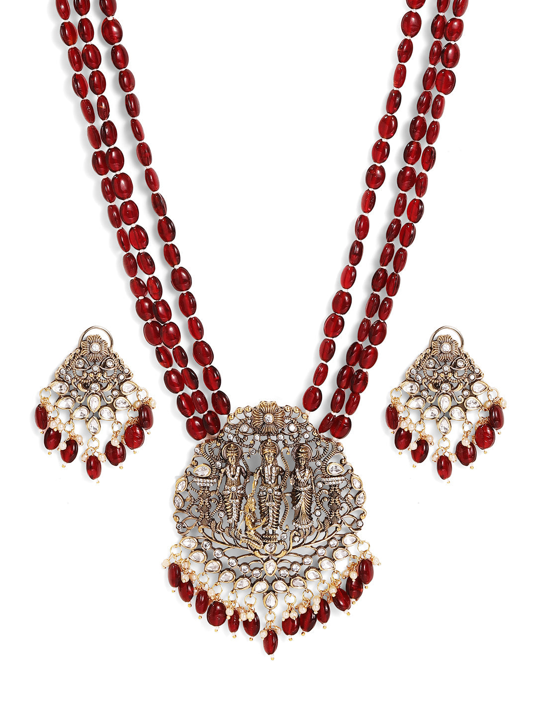 God Exquisite Gold Plated American Diamonds Maroon Beaded Necklace with Gold Plated Mini Drop Earrings Jewellery Set