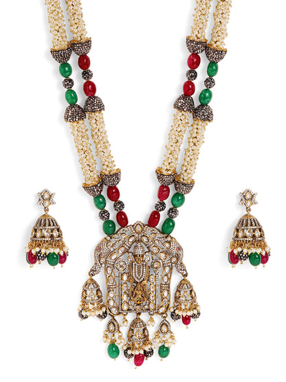 Premium Elegance God Pattern Pearl Beads Sequence Gold Plated Necklace with Drop Earrings Jewellery Set