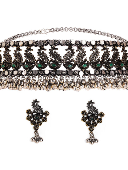 Dual Plated Oxidized Mint Stoned Silver Balls Chocker Design Necklace with Drop Earrings Jewellery Set