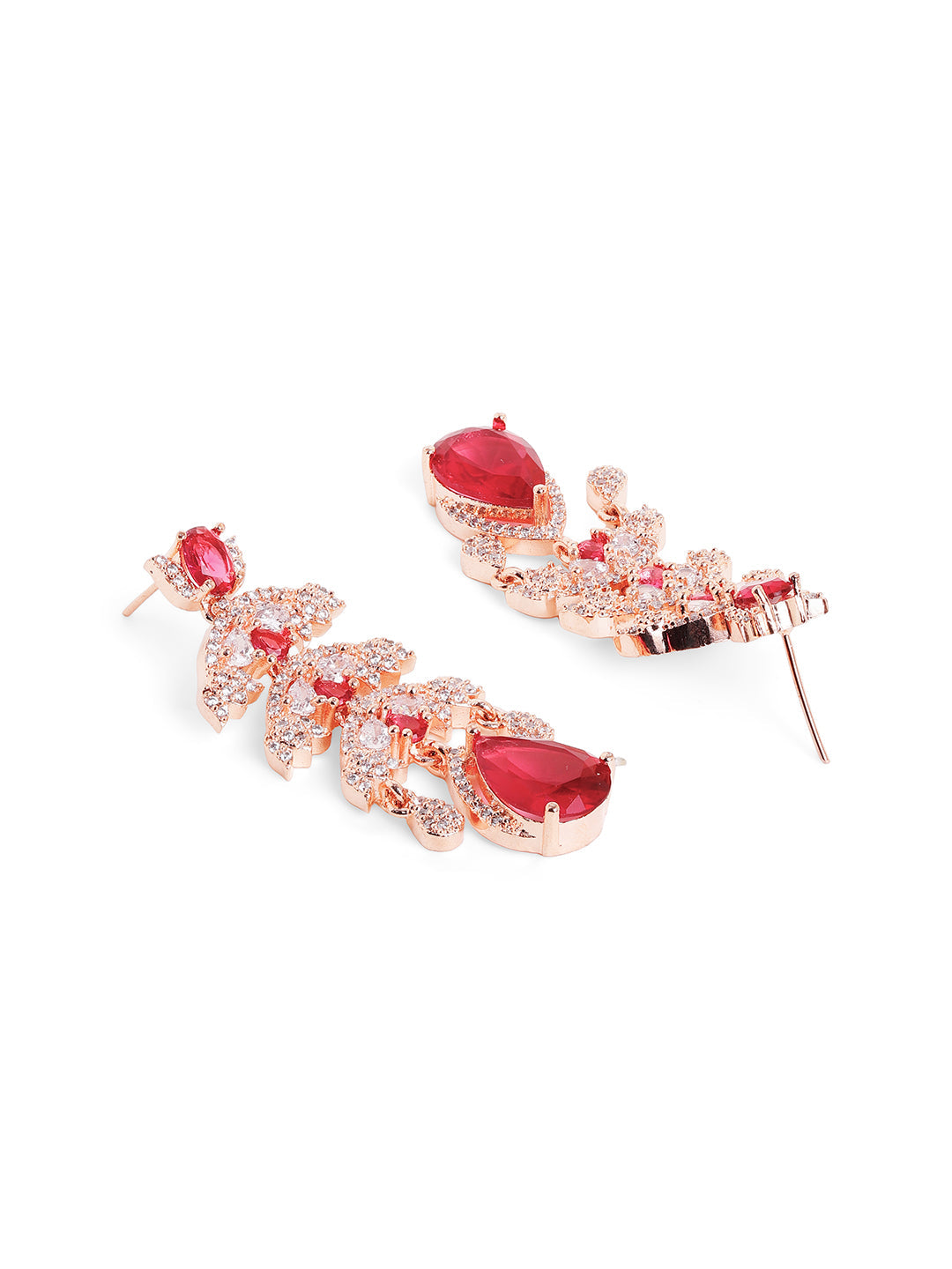 Leaf Pattern Red Stoned Rose Gold Plated Necklace with Bright Earrings Jewellery Set