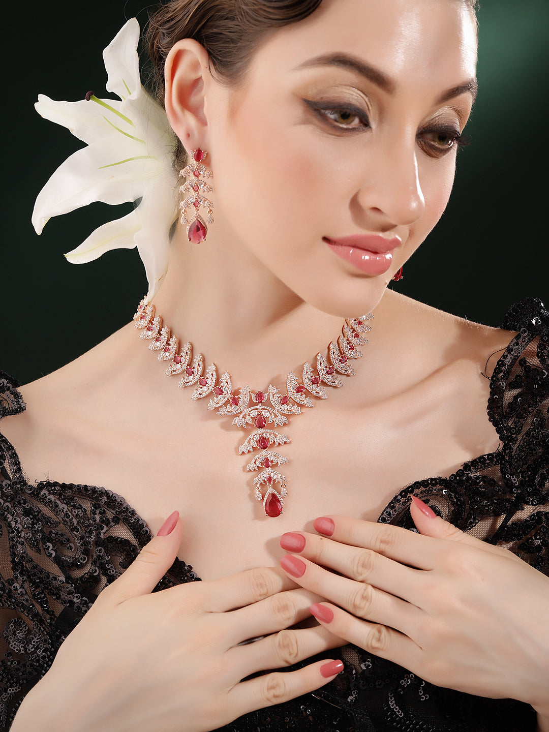 Leaf Pattern Red Stoned Rose Gold Plated Necklace with Bright Earrings Jewellery Set