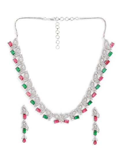 Ruby Green Dual Stoned Silver Plated AD Necklace with Simple Earrings Jewellery Set