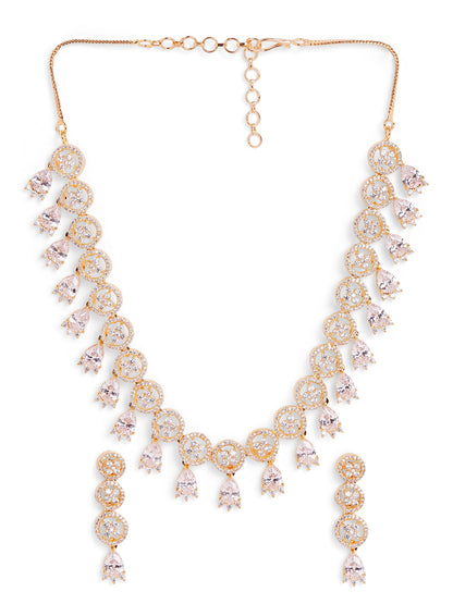 White Stoned Floral Elegance Gold Plated Necklace with AD Earrings Jewellery Set
