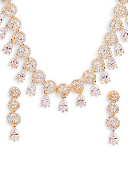 White Stoned Floral Elegance Gold Plated Necklace with AD Earrings Jewellery Set