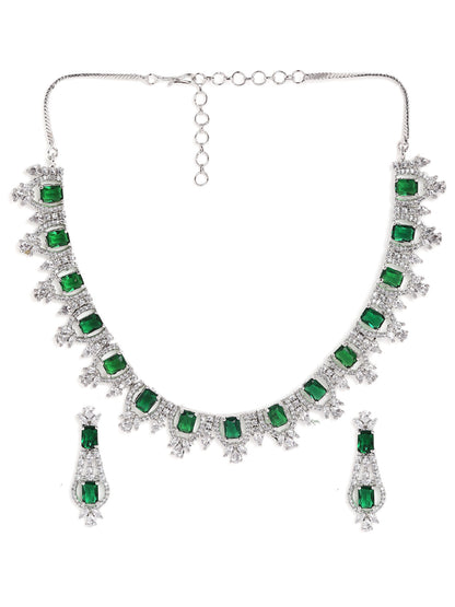 Green Stoned AD Statement Pattern Silver Plated Necklace with AD Earrings Jewellery Set