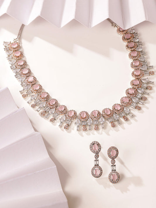 AD Mint Elegant Rosegold Plating Geometry Style Necklace with Mini Earrings Finest Jewellery Set
