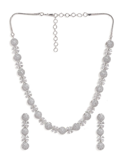 Silver Plating AD Elegance Blossom Design Necklace with Statement Floral Earrings Jewellery Set
