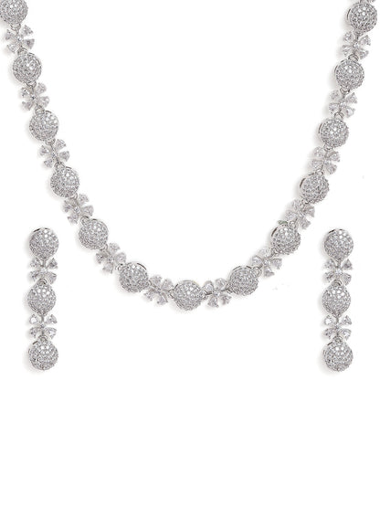 Silver Plating AD Elegance Blossom Design Necklace with Statement Floral Earrings Jewellery Set