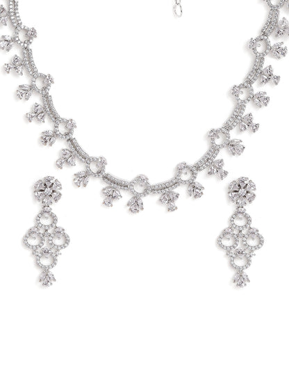 Fancy Whitestoned Floral Pattern Silver Plating Necklace with AD Earrings Jewellery Set