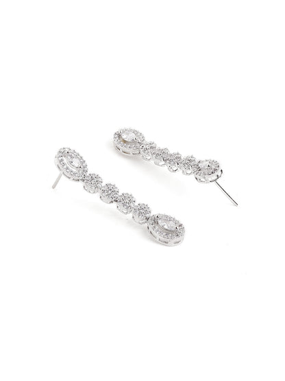 Silver Plated AD White Stoned Floral Elegance Necklace with AD Simple Pattern Earrings Jewellery Set