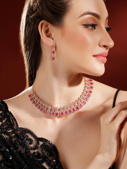Ruby Stoned Rose gold Plated Statement Design Necklace with AD Drop Earrings Jewellery Set
