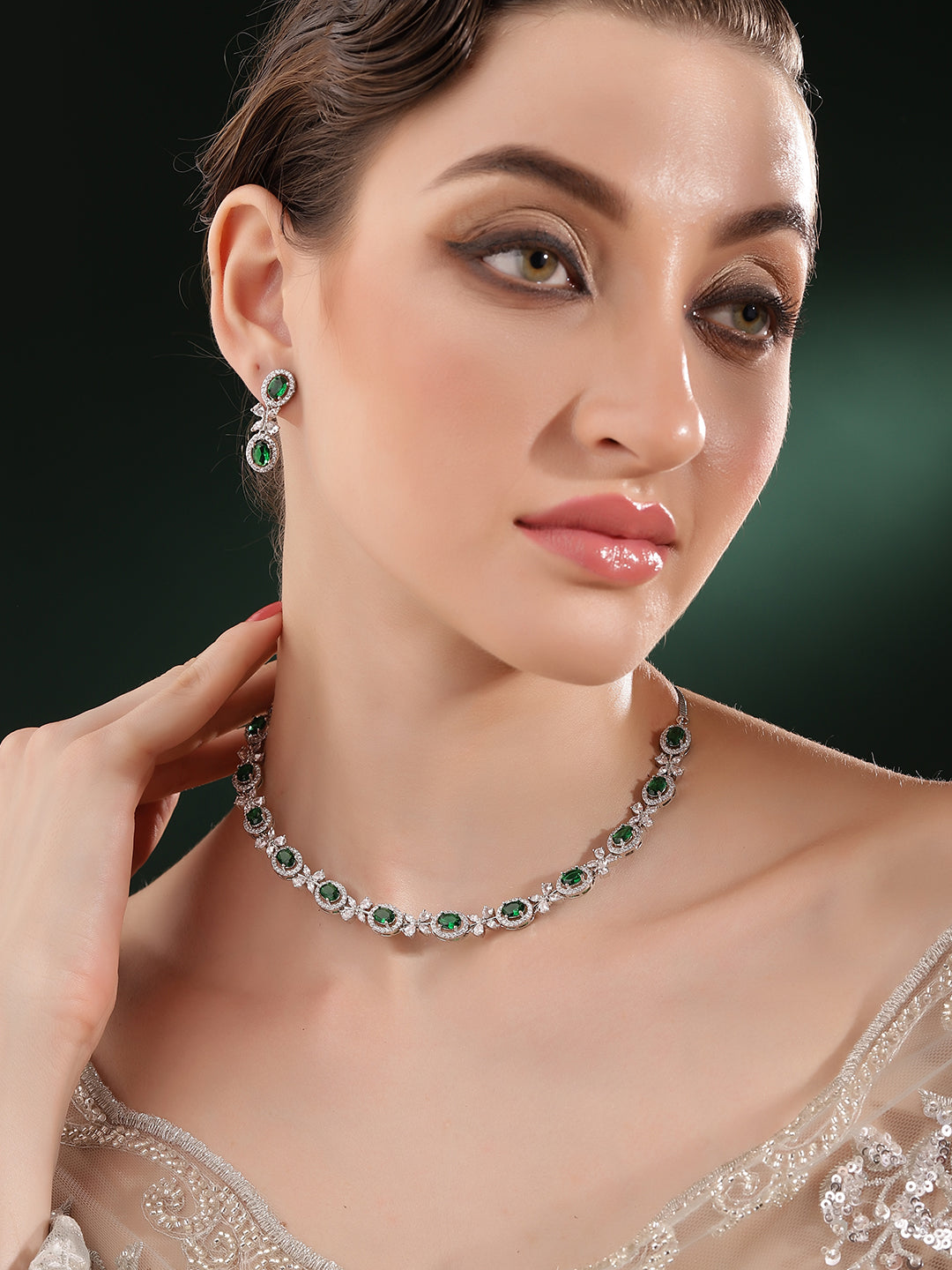 Floral Geometry Combo Design Elegant Silver Plated Necklace with AD FInest Earrings Jewellery Set