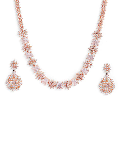 Rosegold Elegance Floral Geometry Sequence Necklace with AD Drop Earrings Jewellery Set