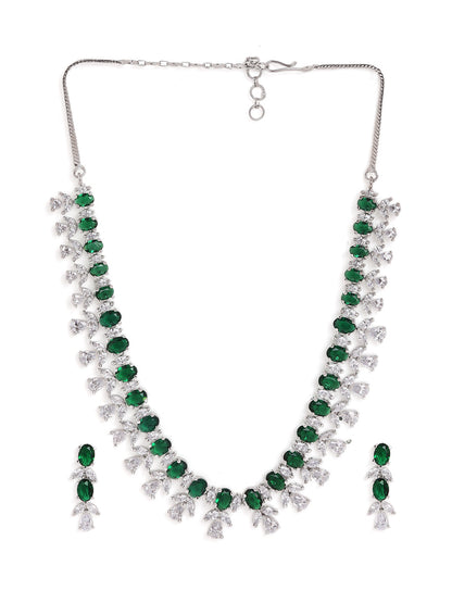 Greenstone Floral Design Extiquisite Pattern Necklace with Silver Plated AD Drop Earrings Jewellery Set