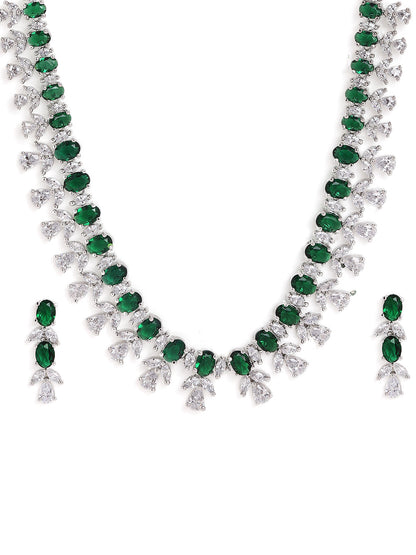 Greenstone Floral Design Extiquisite Pattern Necklace with Silver Plated AD Drop Earrings Jewellery Set