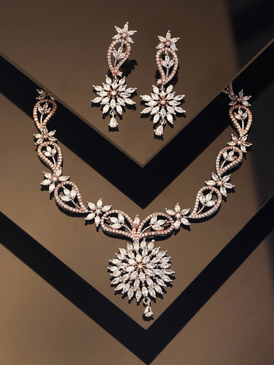 Dual Elegance Floral Design Necklace with AD Drop Blossom Earrings Jewllery Set