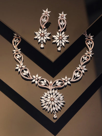 Dual Elegance Floral Design Necklace with AD Drop Blossom Earrings Jewllery Set