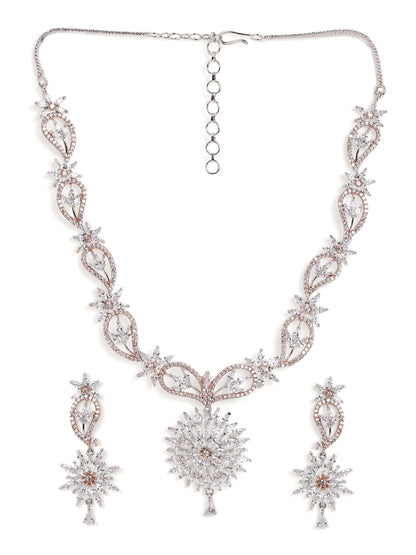 Dual Elegance Floral Design Necklace with AD Drop Blossom Earrings Jewllery Set