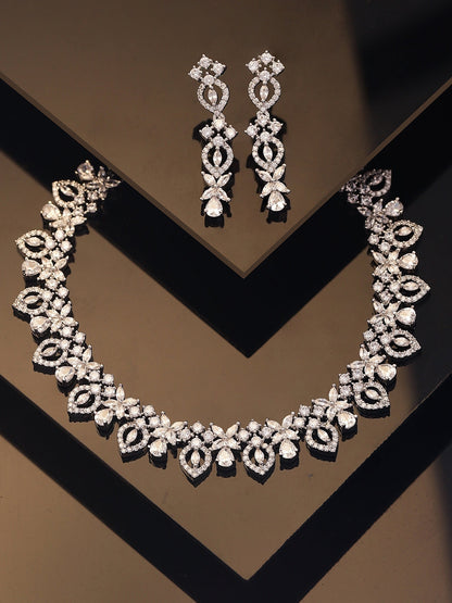 White stoned Blossom Elegance Silver Plated Necklace with Drop Style Pattern Earrings Jewellery Set
