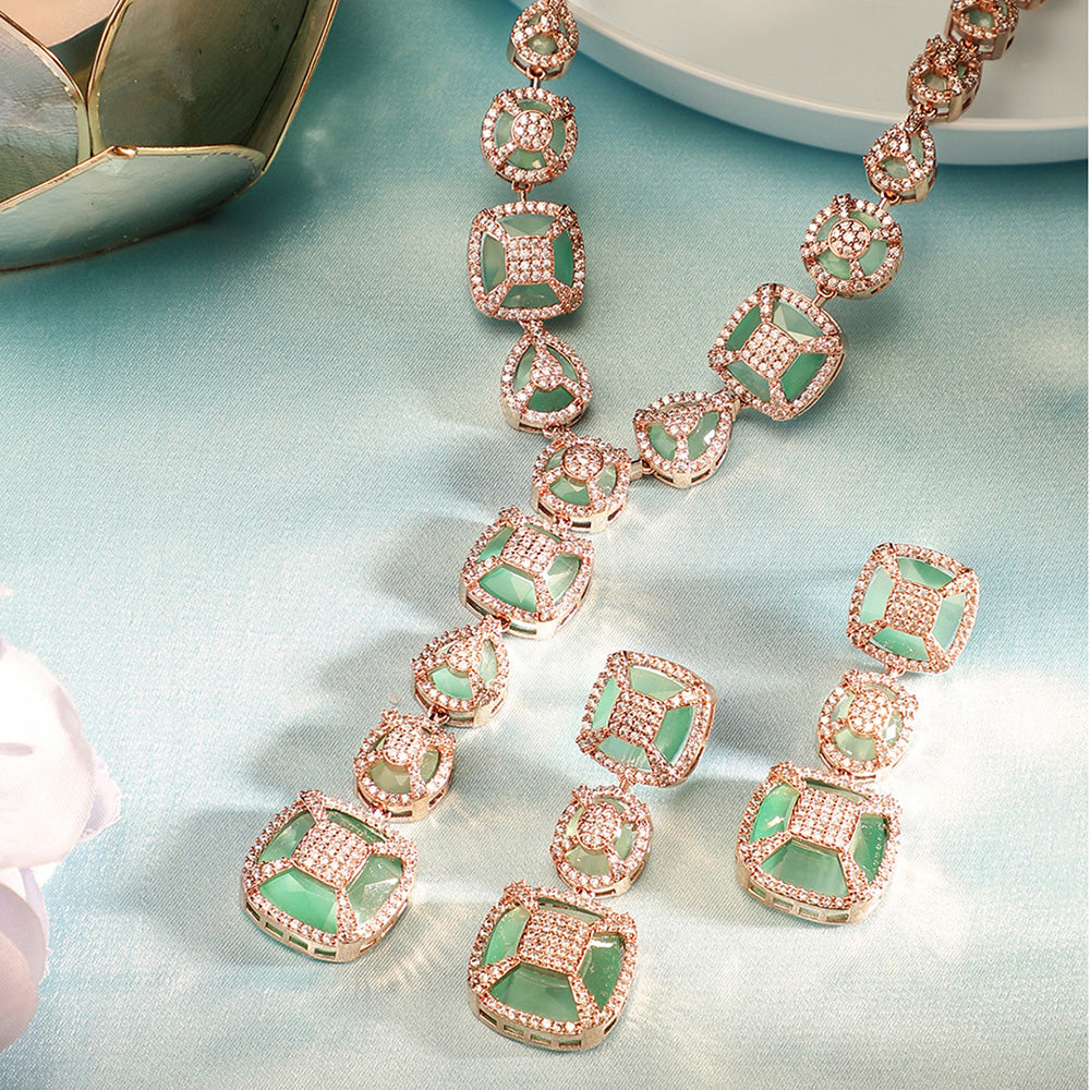 AD Mint Stoned Geometric Pattern Rose gold Plated Necklace and Drop Earrings Jewellery Set