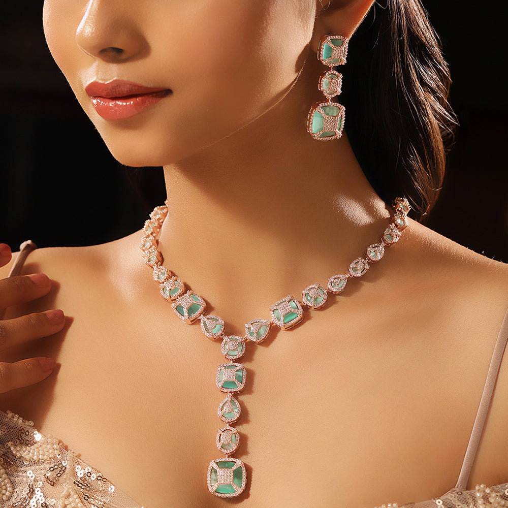 AD Mint Stoned Geometric Pattern Rose gold Plated Necklace and Drop Earrings Jewellery Set
