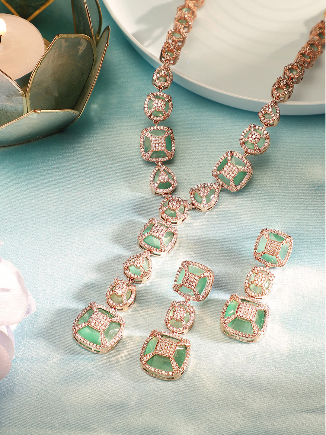 AD Mint Stoned Geometric Pattern Rose gold Plated Necklace and Drop Earrings Jewellery Set