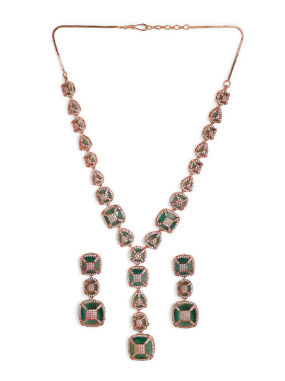 AD Mint Stoned Geometric Pattern Rose gold Plated Necklace and Drop Earrings Jewellery Set