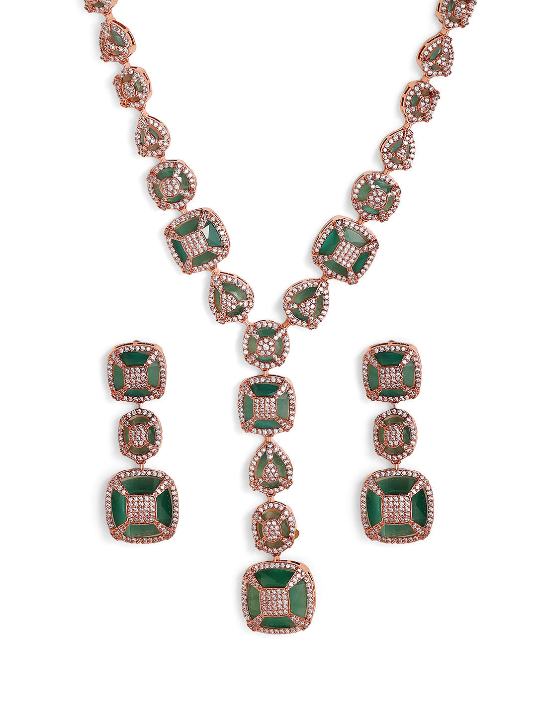 AD Mint Stoned Geometric Pattern Rose gold Plated Necklace and Drop Earrings Jewellery Set