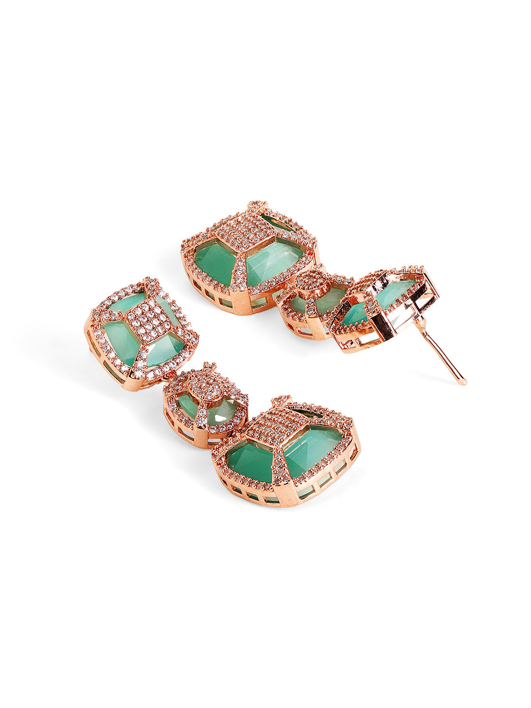 AD Mint Stoned Geometric Pattern Rose gold Plated Necklace and Drop Earrings Jewellery Set