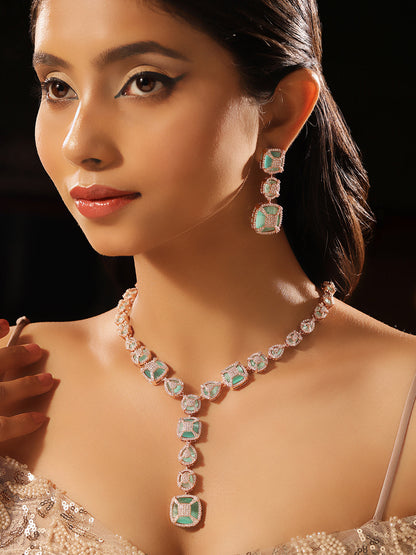 AD Mint Stoned Geometric Pattern Rose gold Plated Necklace and Drop Earrings Jewellery Set