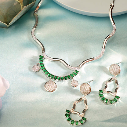 Statement Elegance Green Stoned AD Silver Plated necklace and Drop Earrings Jewellery set