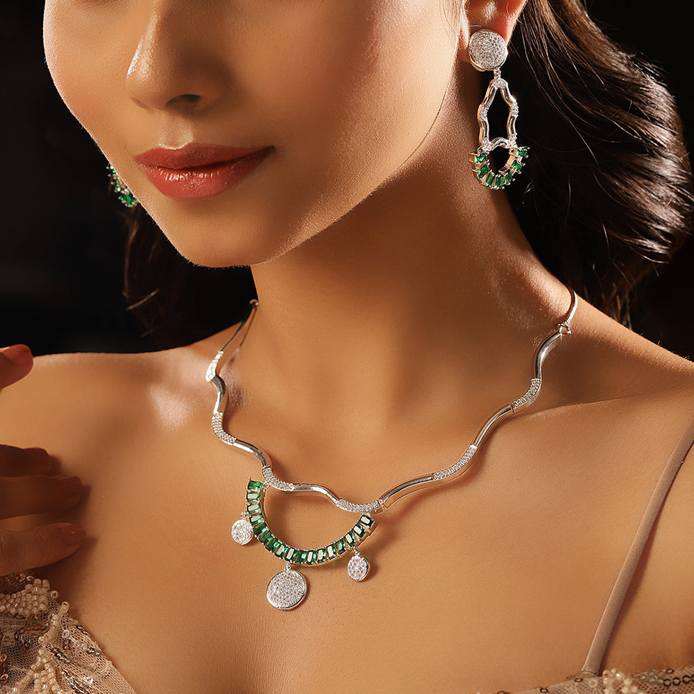 Statement Elegance Green Stoned AD Silver Plated necklace and Drop Earrings Jewellery set