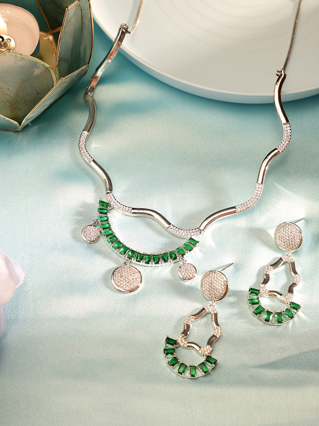 Statement Elegance Green Stoned AD Silver Plated necklace and Drop Earrings Jewellery set