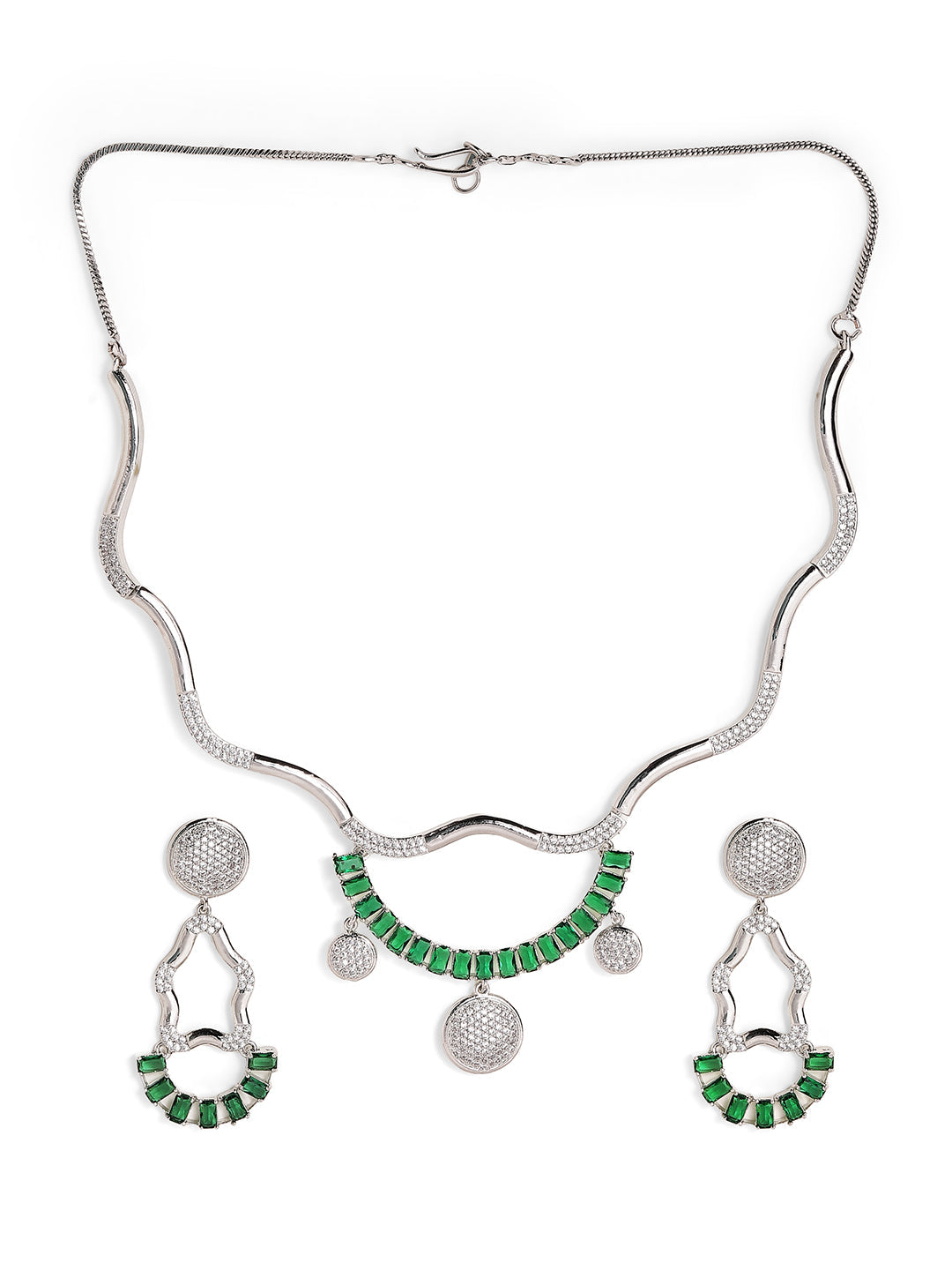 Statement Elegance Green Stoned AD Silver Plated necklace and Drop Earrings Jewellery set